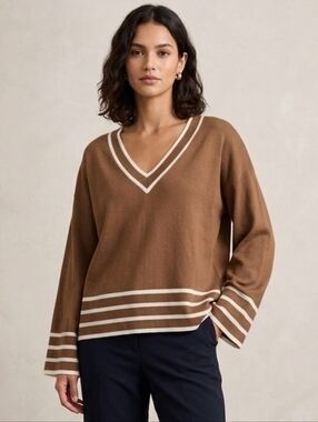 Michael Kors Dark Tan V-Neck Cotton Relaxed Sweater with Cream Stripes Size L